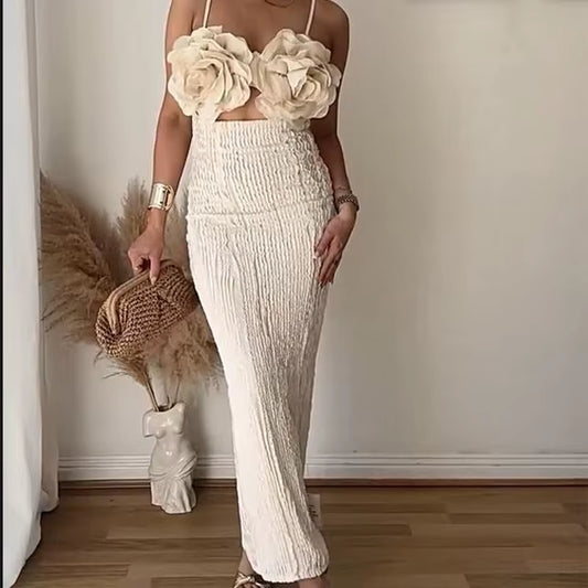 GX24291 Fashion Summer Spaghetti Strap Sleeveless 3D Unique Flower Hollow Evening Long Dress Women Elegant Party Sexy Dresses